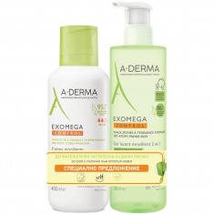A-Derma Exomega Емолиентен крем 400 ml + Емолиентен почистващ гел 2 в 1 500 ml