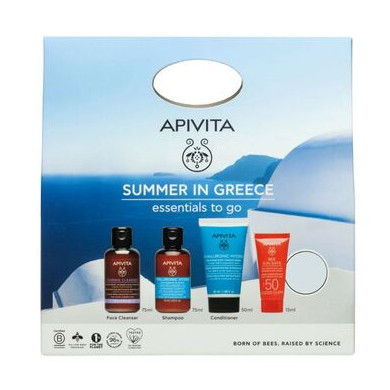 Apivita Summer in Greece Почистваща пяна х75 мл + Шампоан х75 мл + Балсам х75 мл + Слънцезащитен крем SPF50 x15 м