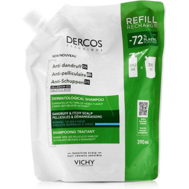 Vichy Dercos DS Шампоан за борба с мазен пърхот и сърбящ скалп РЕФИЛ 390ml.