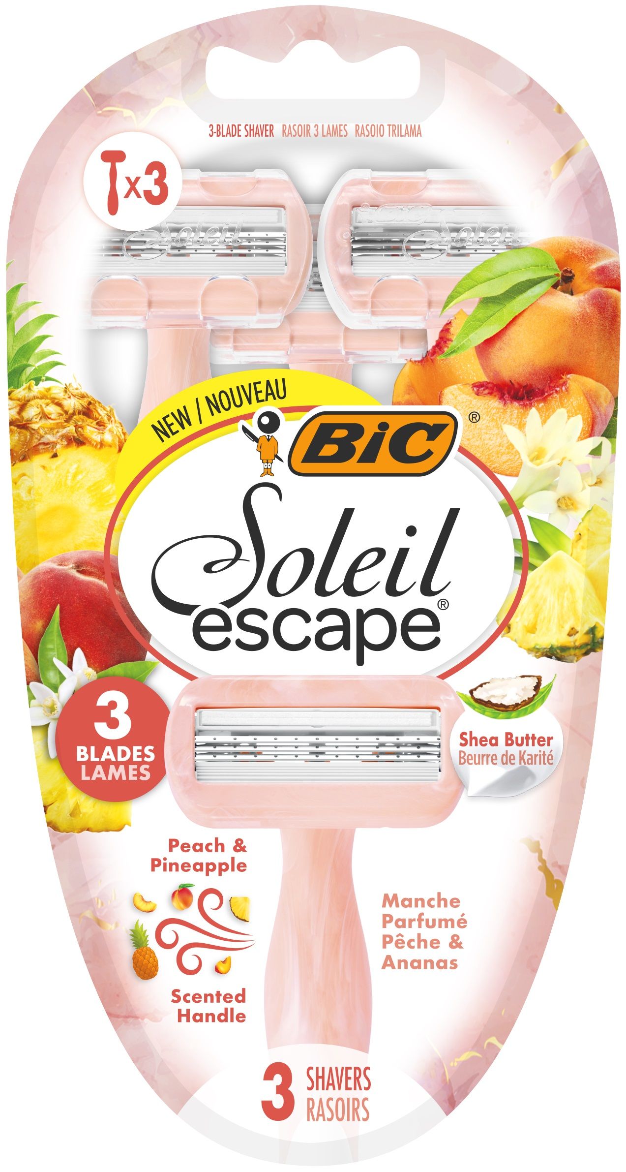 BIC SOLEIL ESCAPE 3 Дамска еднократна самобръсначка праскова&ананас, 3 бр/оп.