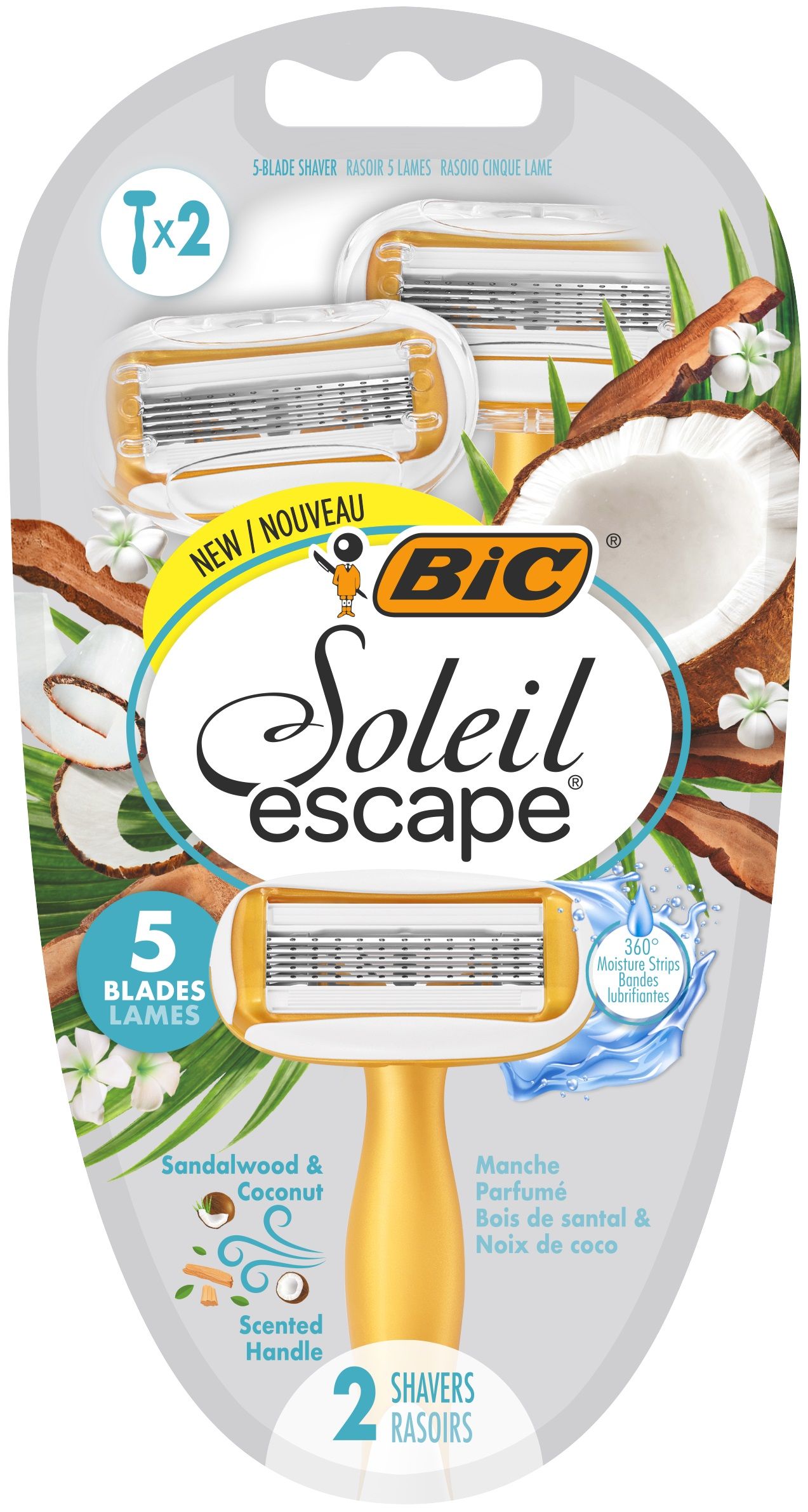 BIC SOLEL ESCAPE 5 Дамска еднократна самобръсначка кокос& сандалово дърво, 2 бр./оп.