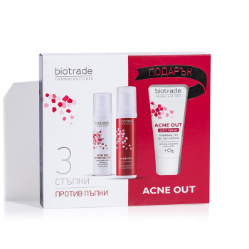 ПРОМО ПАКЕТ Acne Out, Активен лосион 60 мл + Хидратиращ крем 60 мл + Измивен гел 50 мл + Капсули 10 броя
