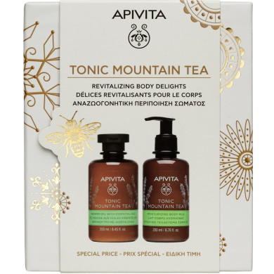 Apivita Tonic Mountain Tea Почистващ и тонизиращ душ-гел с планински чай 250 мл + Apivita Tonic Mountain Tea Хидратиращо мляко за тяло с планински чай 200 мл Комплект