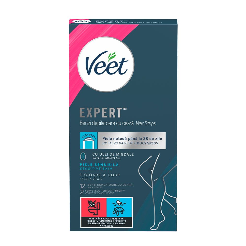 VEET EXPERT Епилиращи ленти за тяло и крака за чувствителна кожа, 12 бр.