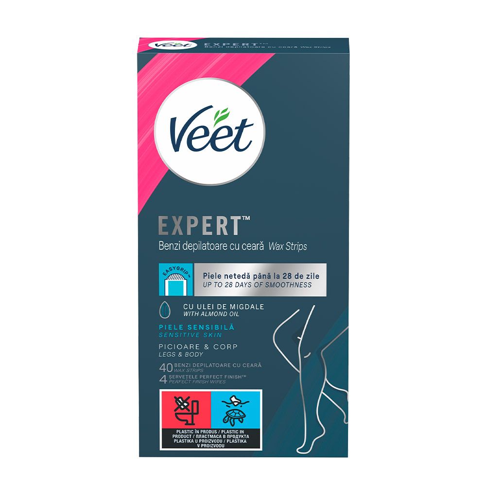 VEET EXPERT Епилиращи ленти за тяло и крака за чувствителна кожа, 40бр.