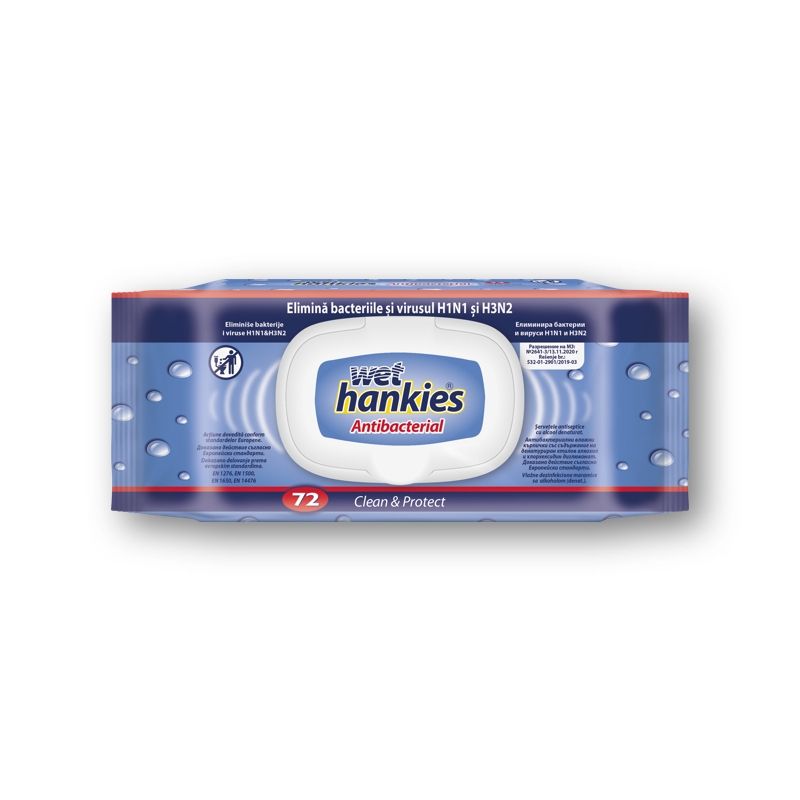 WET HANKIES CLEAN  Антибактериални мокри кърпички за ръце, 72 бр.