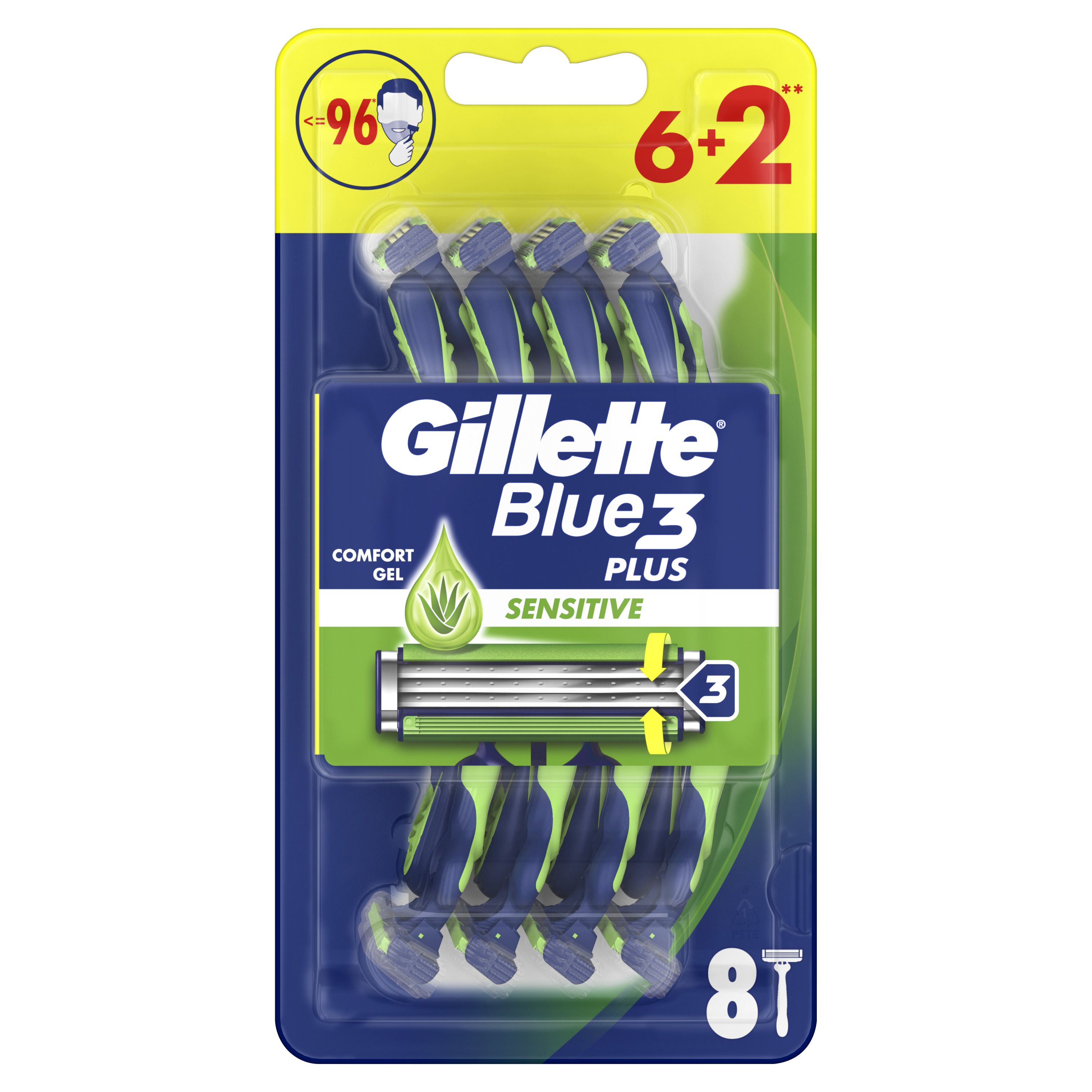 GILLETTE BLUE3 PLUS SENSITIVE самобръсначки за еднократна употреба, 6+2 бр.