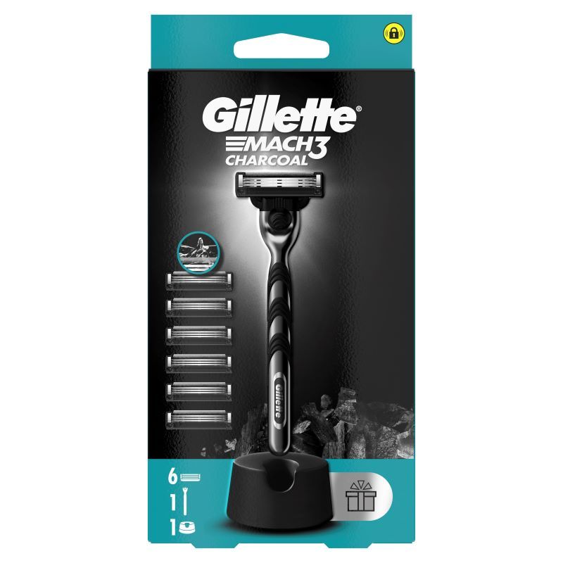 GILLETTE GILLETTE Mach 3 Charcoal Система за бръснене + 6 резервни ножчета + стойка