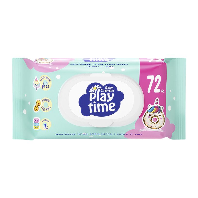 BABY CREMA PLAY TIME Бебешки мокри кърпички зелени/лилави, 72 бр.