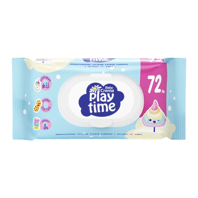 BABY CREMA PLAY TIME Бебешки мокри кърпички сини/жълти, 72 бр.