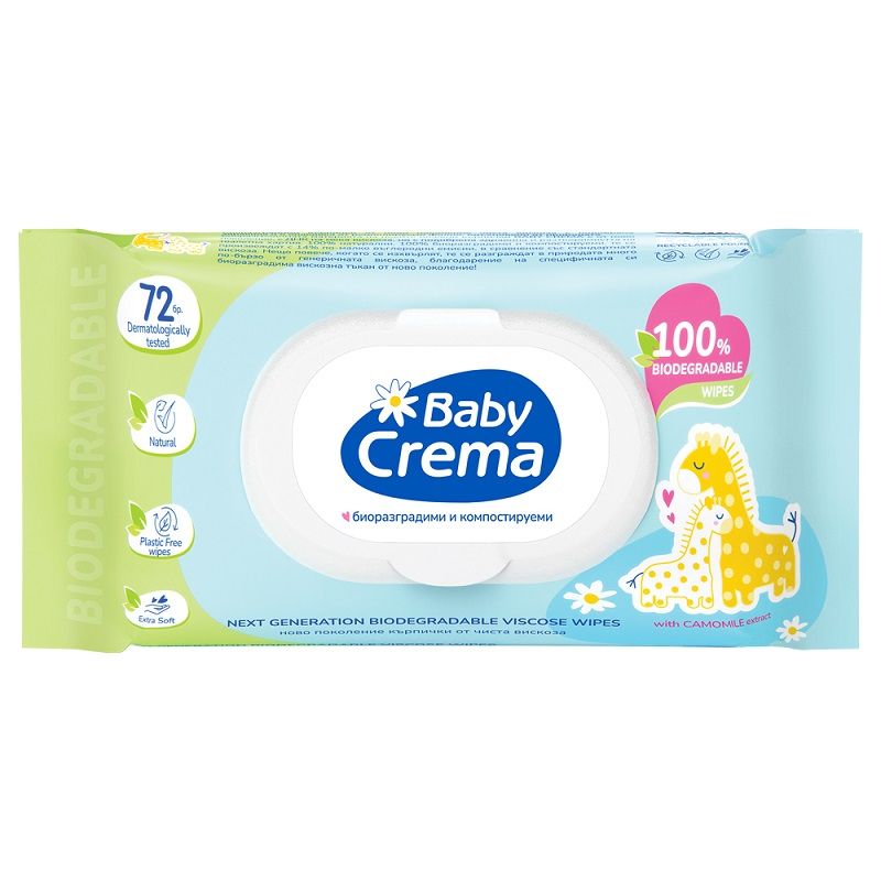 BABY CREMA Биоразградими мокри кърпички Лайка с капак, 72 бр.