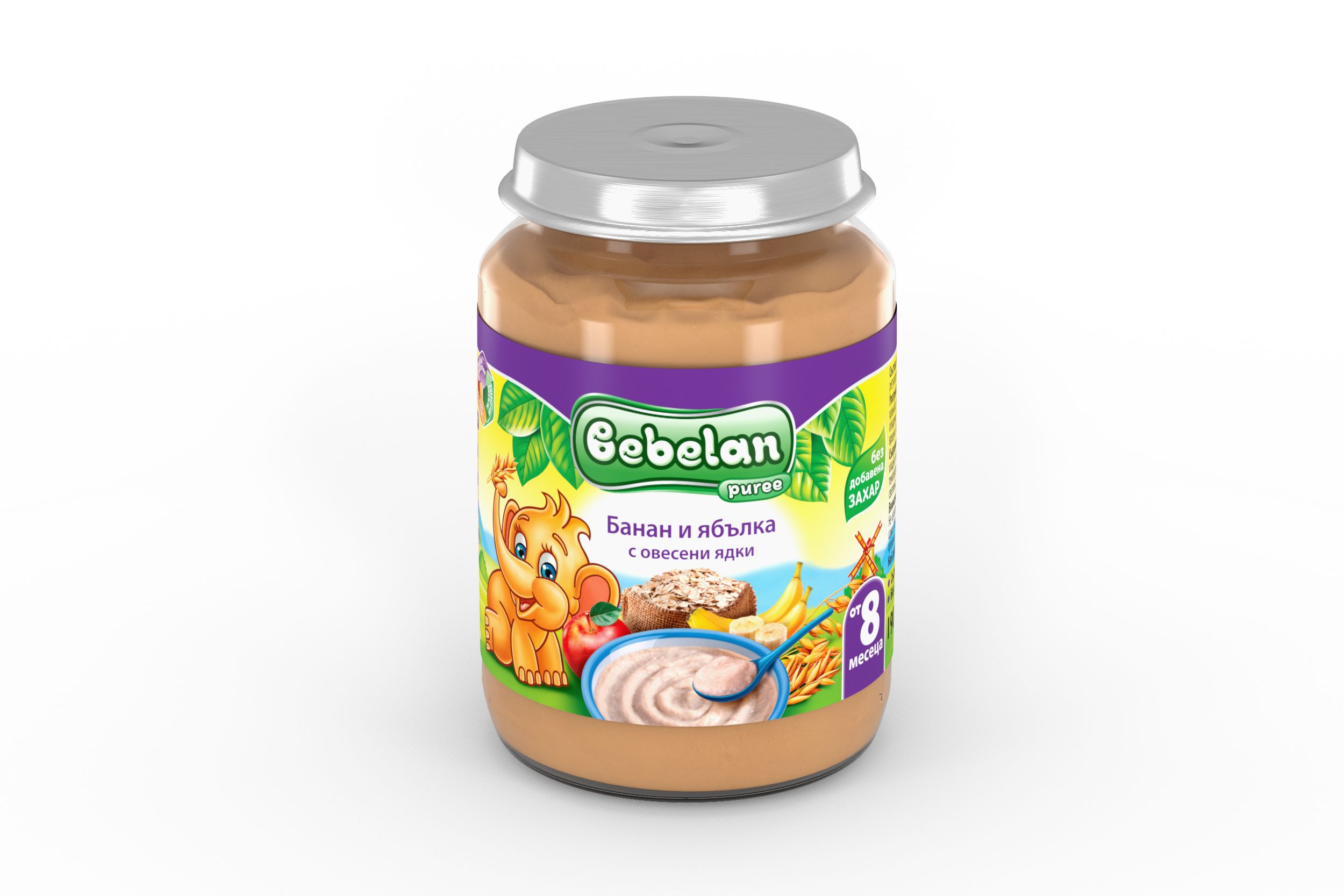 BEBELAN Пюре Безмлечна каша банани и ябълки с овесени ядки, от 8-я мес, 190г.