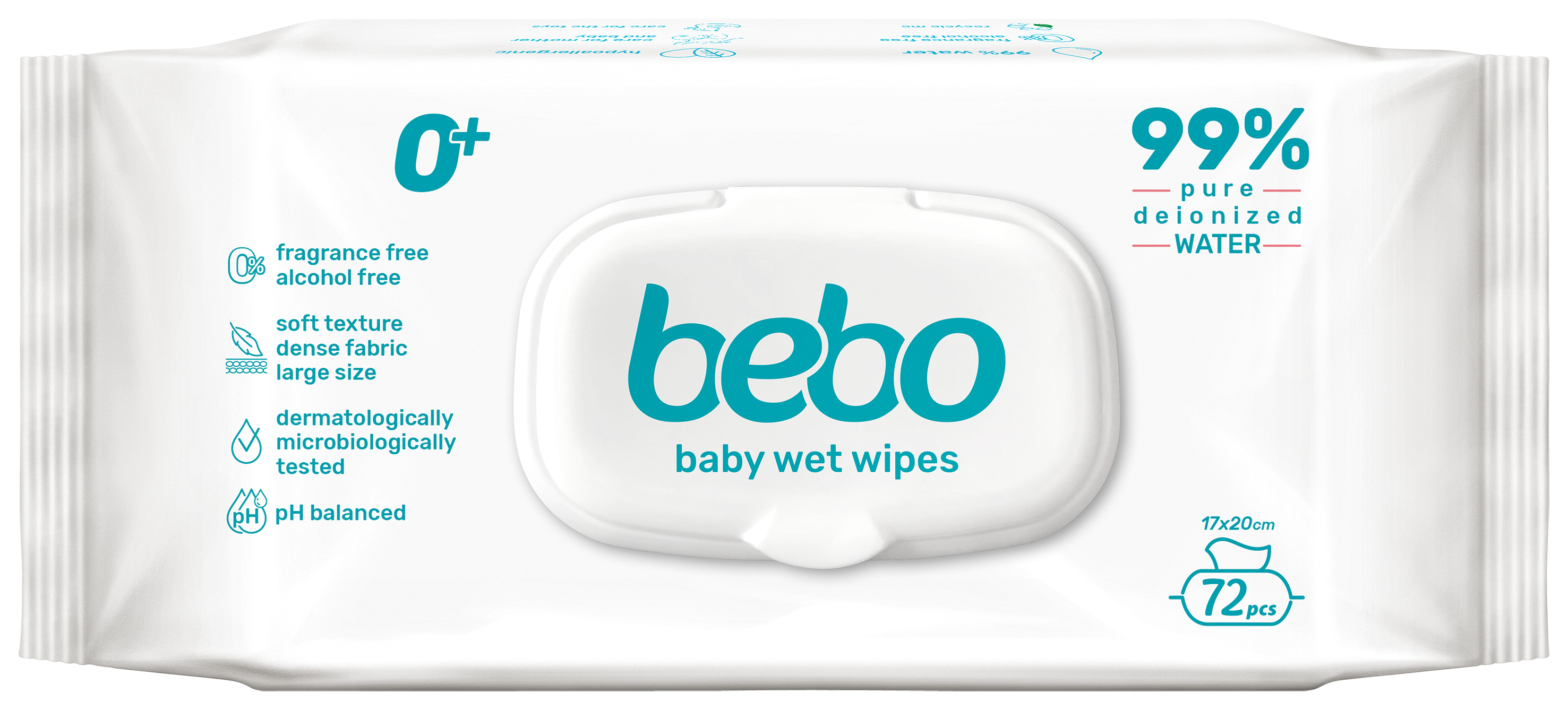 BEBO Мокри кърпички 99% Чиста вода с капак, 72бр
