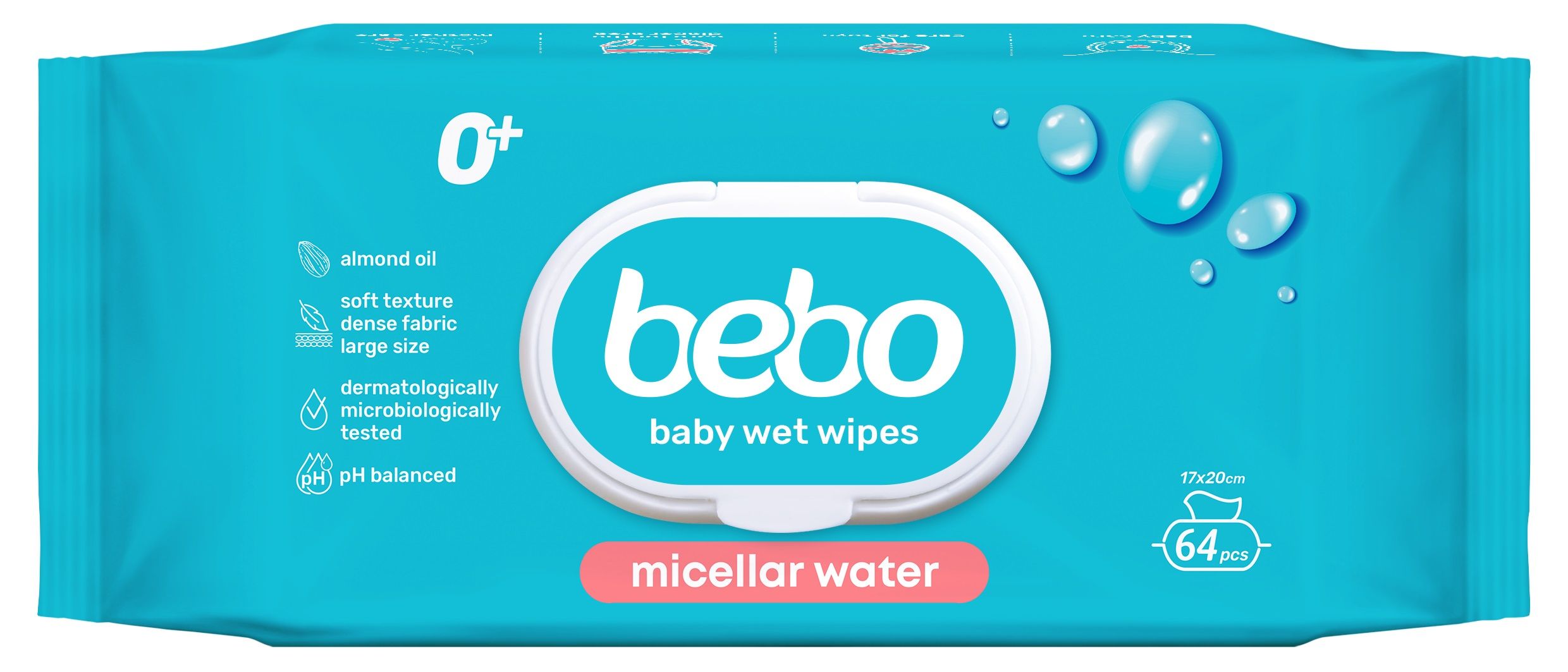 BEBO Плътни влажни кърпички с мицеларна вода капак, 64бр.