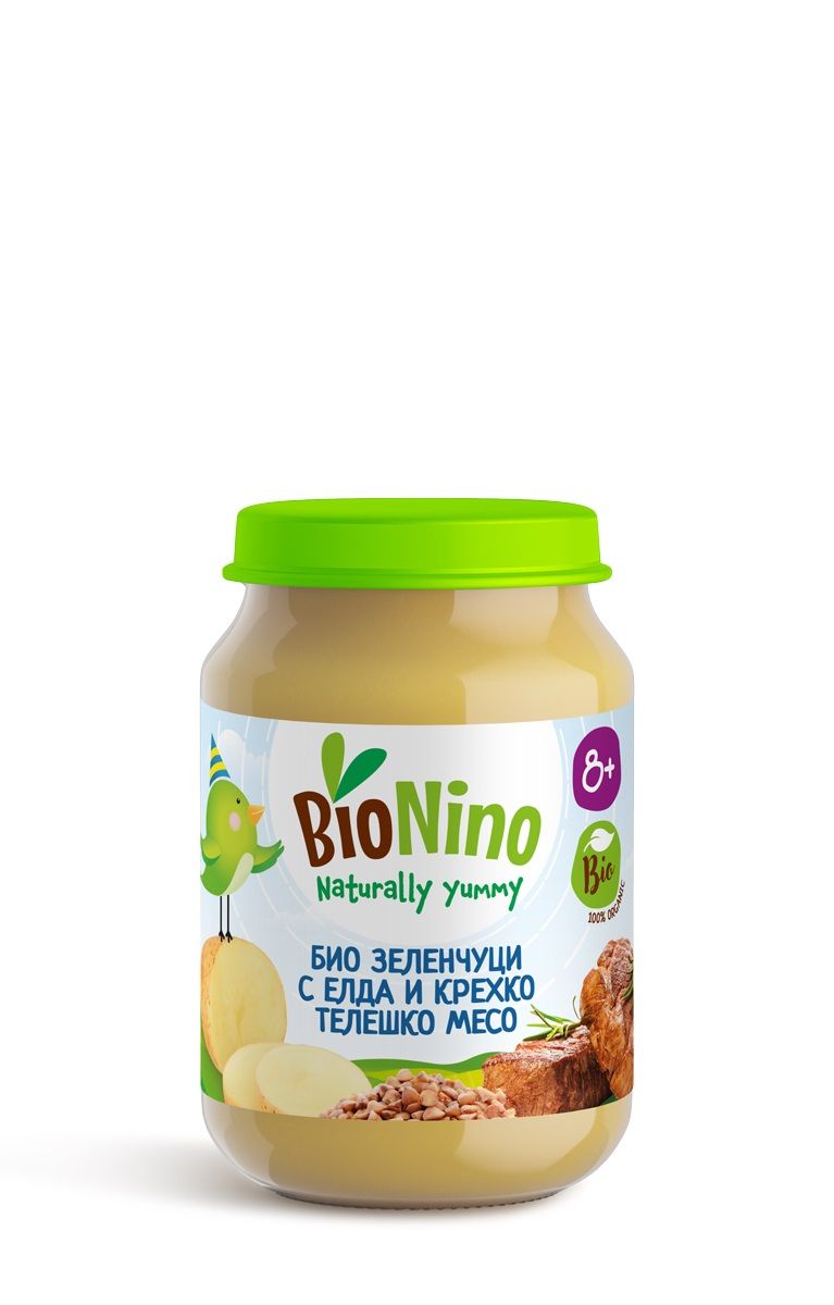 BIONINO 2393 Био пюре зеленчуци с елда и телешко месо, 8+М 190ГР