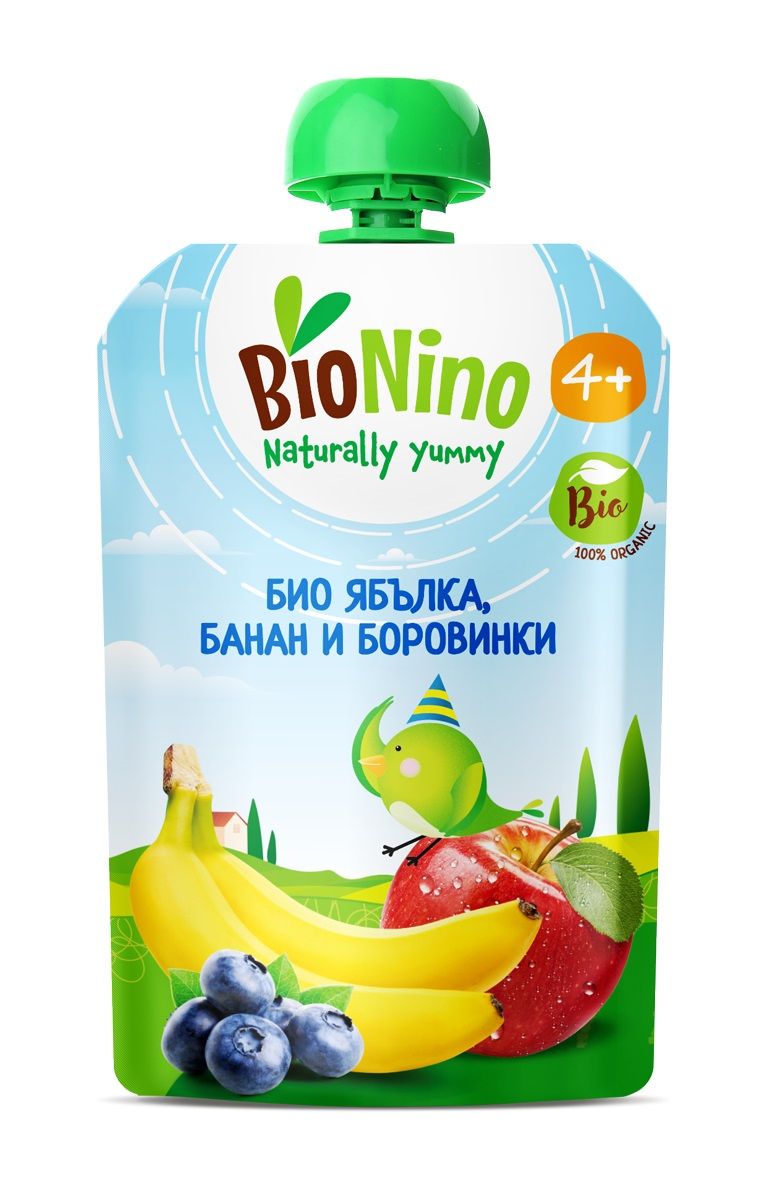 BIONINO 2553 Био плодов пауч ябълка, банан и боровинка, 4+М 190Г
