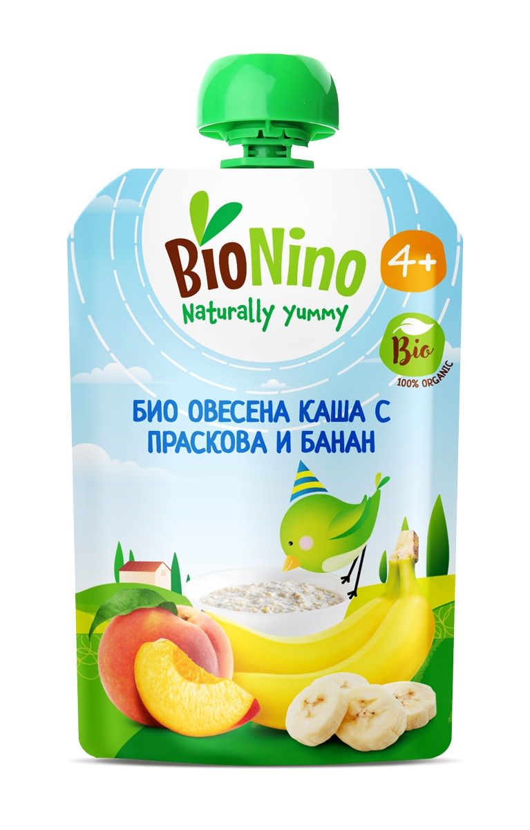 BIONINO 2577 Био плодов пауч овесена каша, праскова и банан,4+М 190