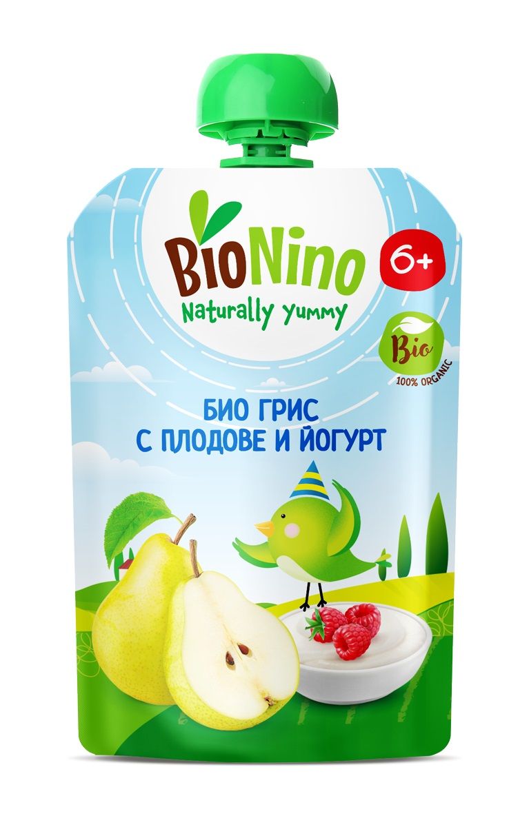 BIONINO 2591 Био плодов пауч грис, плодове и йогурт,6+М 190Г