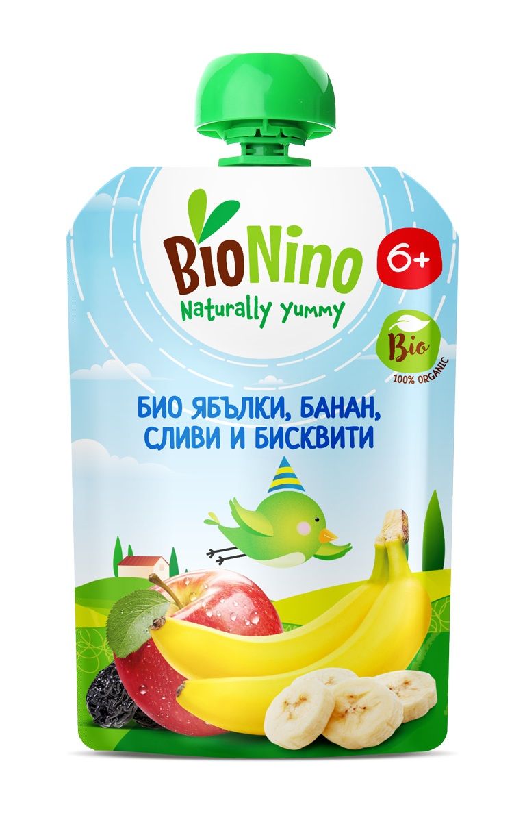 BIONINO 2614 Био плодов пауч ябълка, банан, слива и бисквити,6+М 190Г