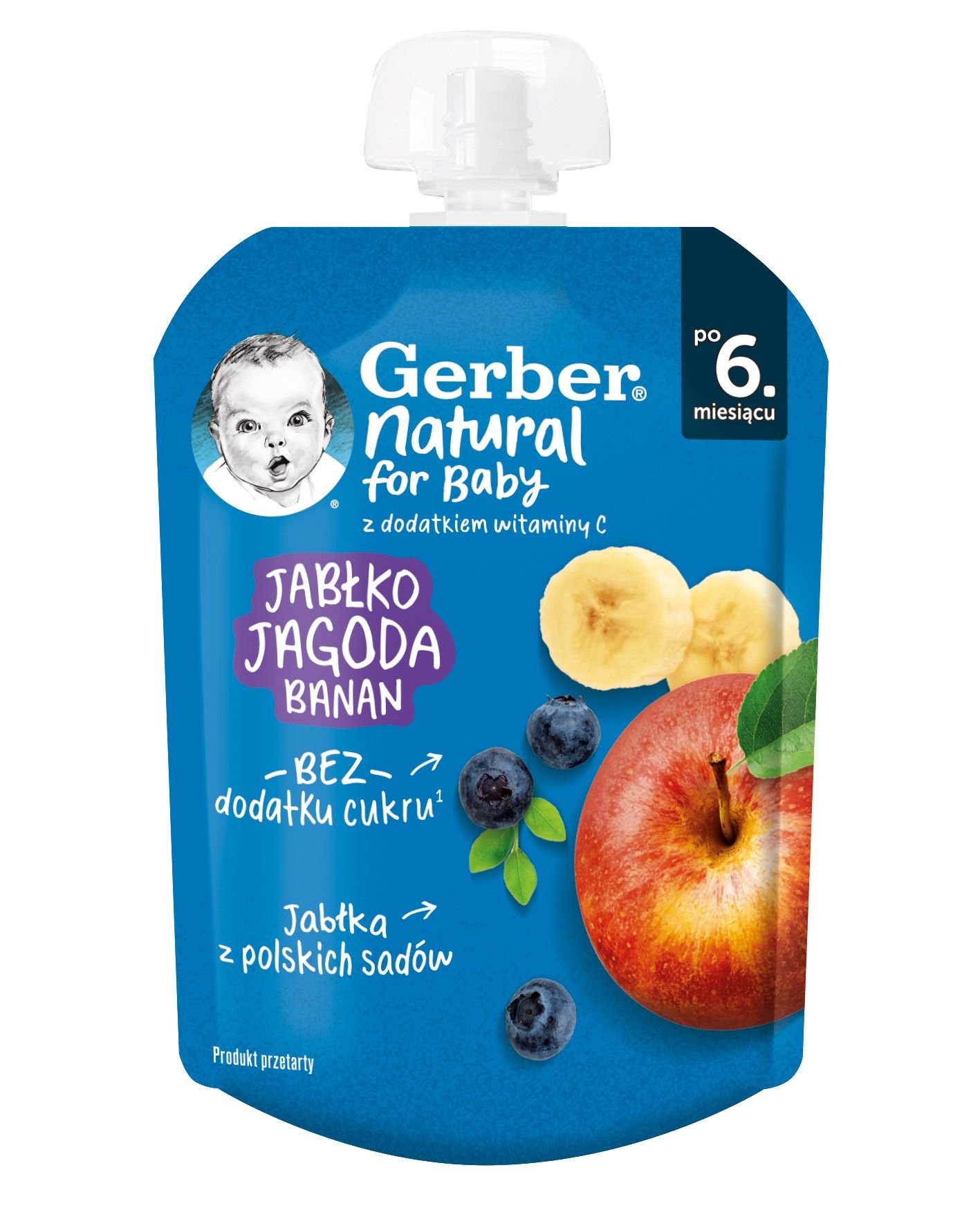 GERBER Плодова закуска пауч Ябълка, боровинка и банан 6+ месеца, 80 г