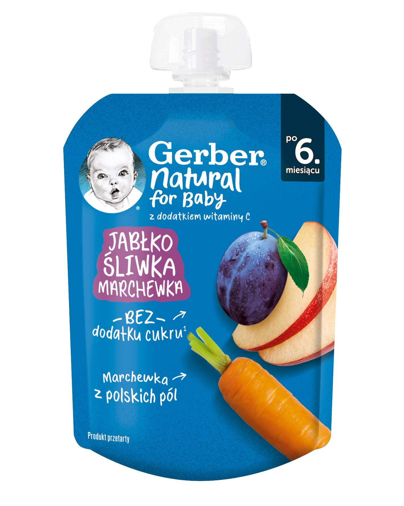 GERBER Плодова закуска пауч Ябълка, слива и морков 6+ месеца, 80 г
