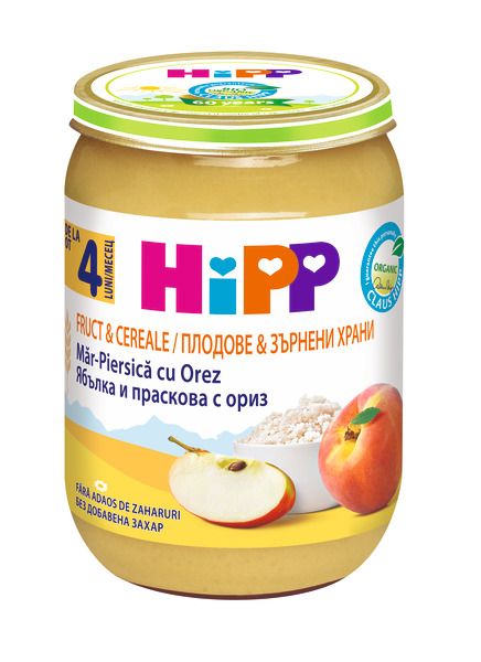 HIPP BIO Пюре пълнозърнеста каша от плодове и ориз 4703, 190 гр
