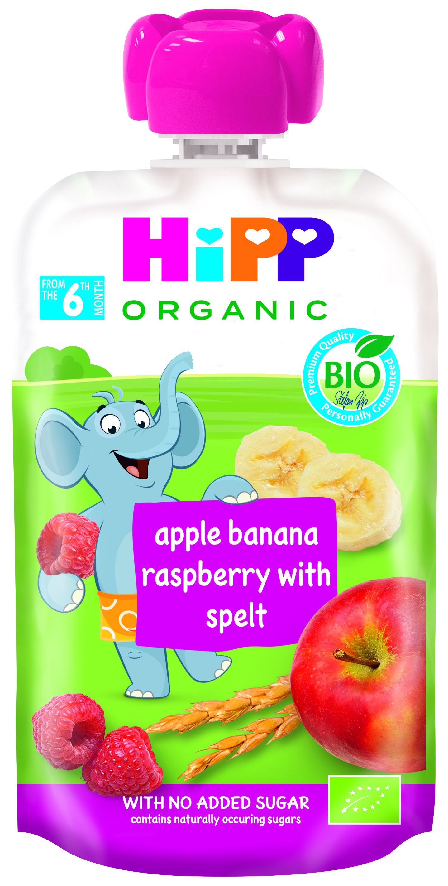 HIPP HIPPIS Био Плодова закуска пауч Ябълка, банан, малина със спелта 6+ месеца, 100 г