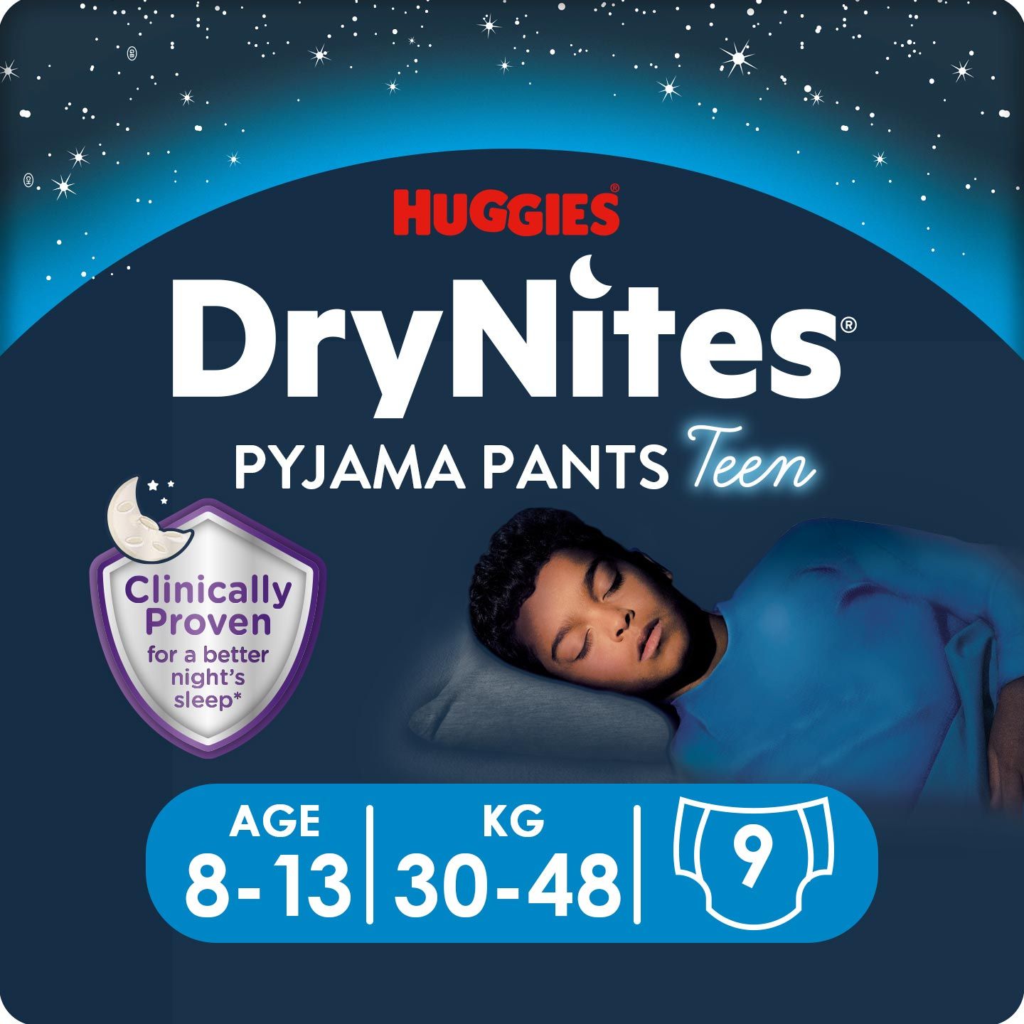 HUGGIES DRYNITES TEEN Гащи-пижама сини, 8-13г., 30-48кг., 9бр.