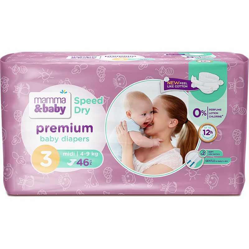 MAMMA&BABY PREMIUM SPEED DRY Пелени размер 3 , 4-9кг , 46 бр