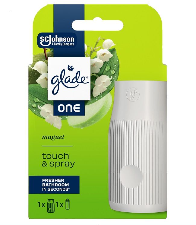 GLADE ONE TOUCH & SPRAY Спрей ароматизатор за баня и тоалетна с пълнител момина сълза, 10мл.