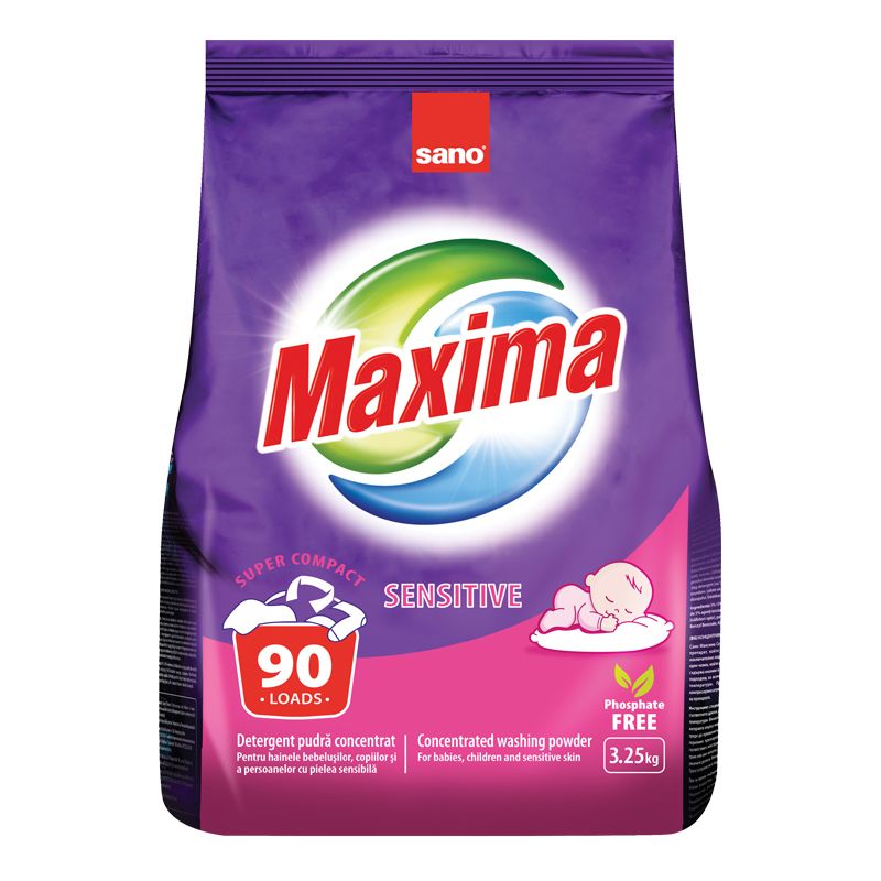 SANO MAXIMA SENSITIVE Прах за пране на бебешки дрехи, 90 пранета, 3,25кг.