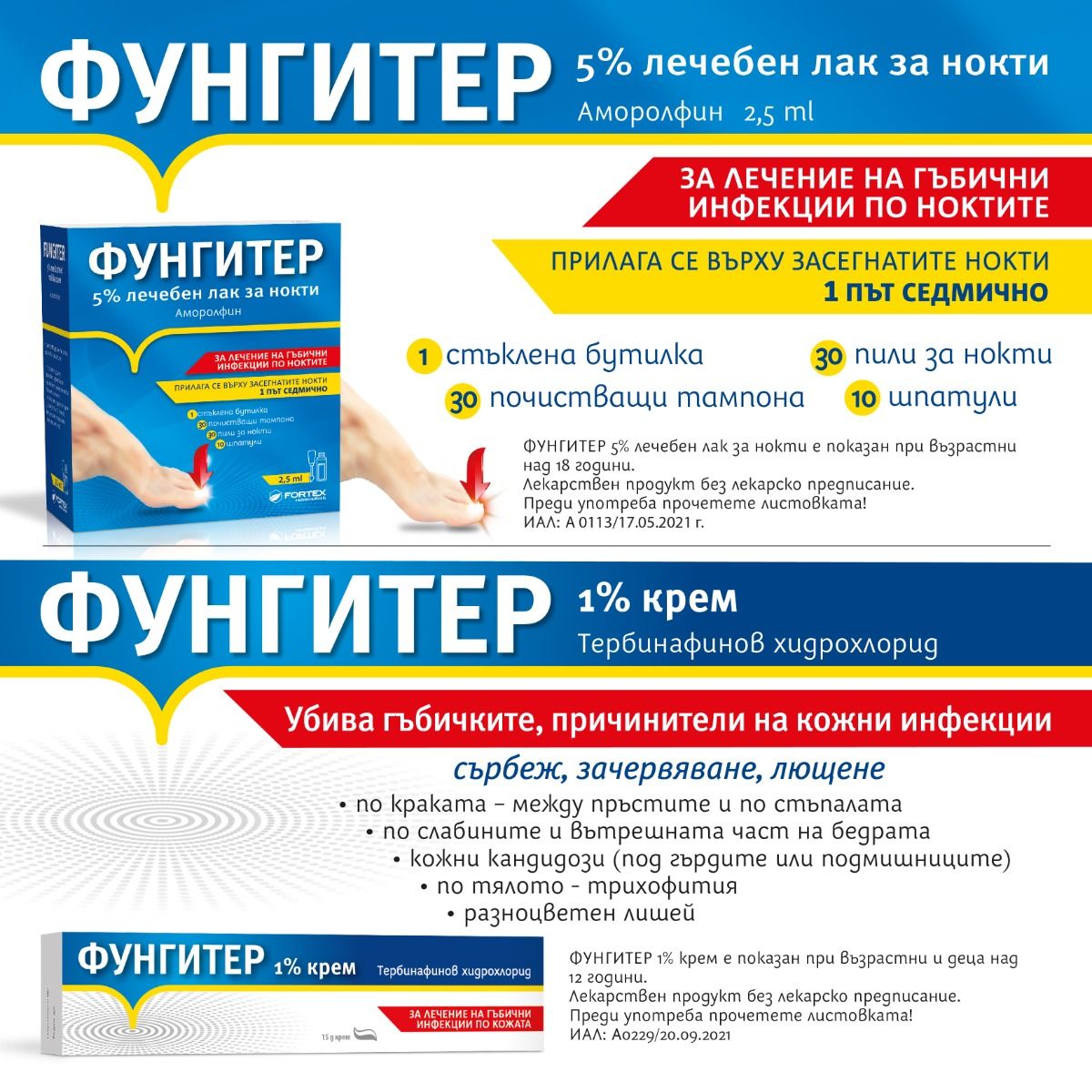 Fortex Фунгитер 5% Лечебен лак за нокти против гъбички + Fortex Фунгитер 1% Лечебен крем против гъбички 15 гр Комплект