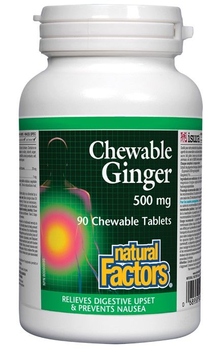 Natural Factors Chewable Ginger при гадене и повръщане при пътуване 500 мг х 90 дъвчащи таблетки