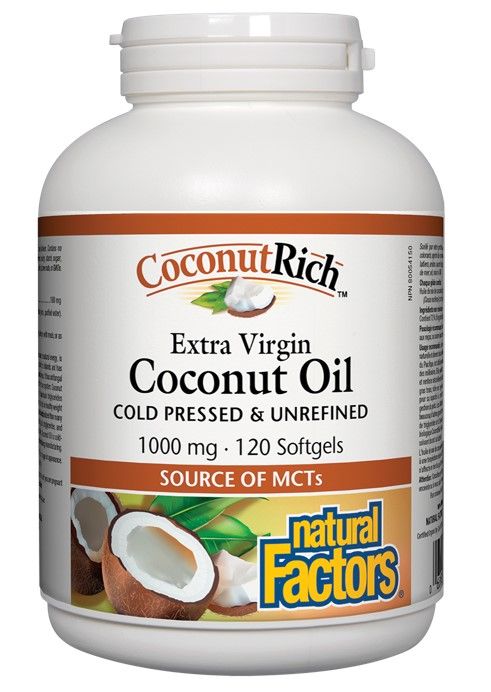 Natural Factors Extra Virgin Coconut Oil студена пресовано кокосово масло - източник на MCTs 1000 мг х 120 софтгел капсули