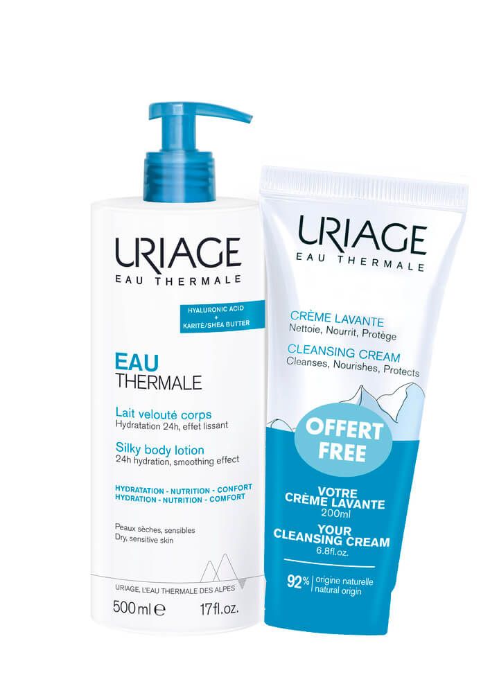 Uriage Eau Thermale Лосион за тяло за 24-часова хидратация за суха и чувствителна кожа 500 мл + Подарък: Uriage Creme Lavante Измиващ крем за лице, тяло и коса 200 мл Комплект