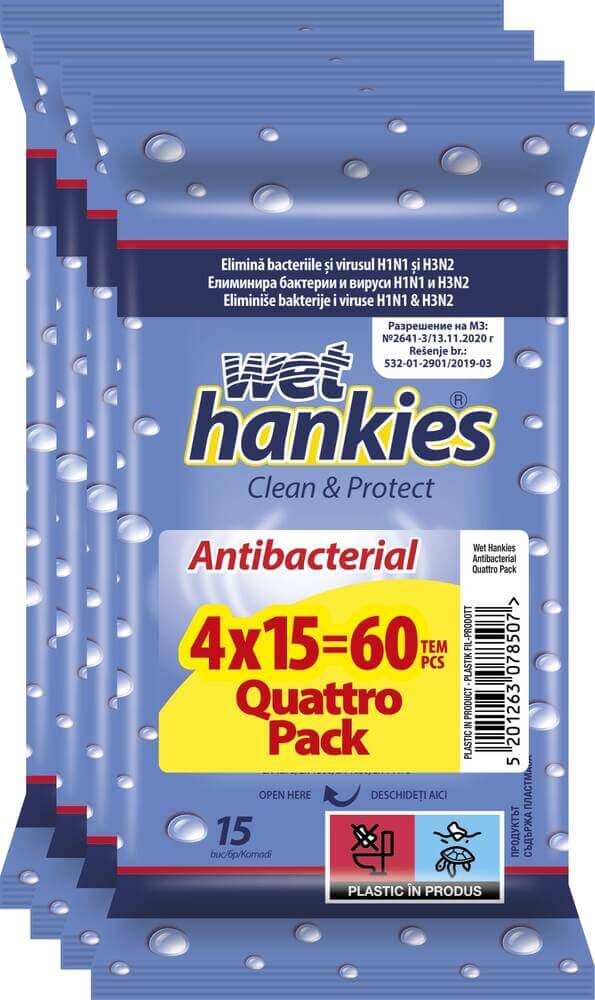 Wet Hankies Антибактериални мокри кърпи 4 х 15 броя Комплект