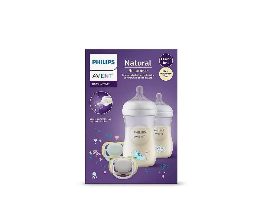 Avent Natural Response Sea Deco Бутилка с биберон среден поток 1М+ 260 мл х2 бр + Avent Ultra Air Залъгалка 0-6М х2 бр Комплект