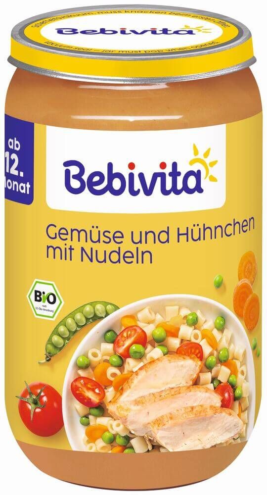 Bebivita Био зеленчуци, нудълс и пилешко 12М + 250 г