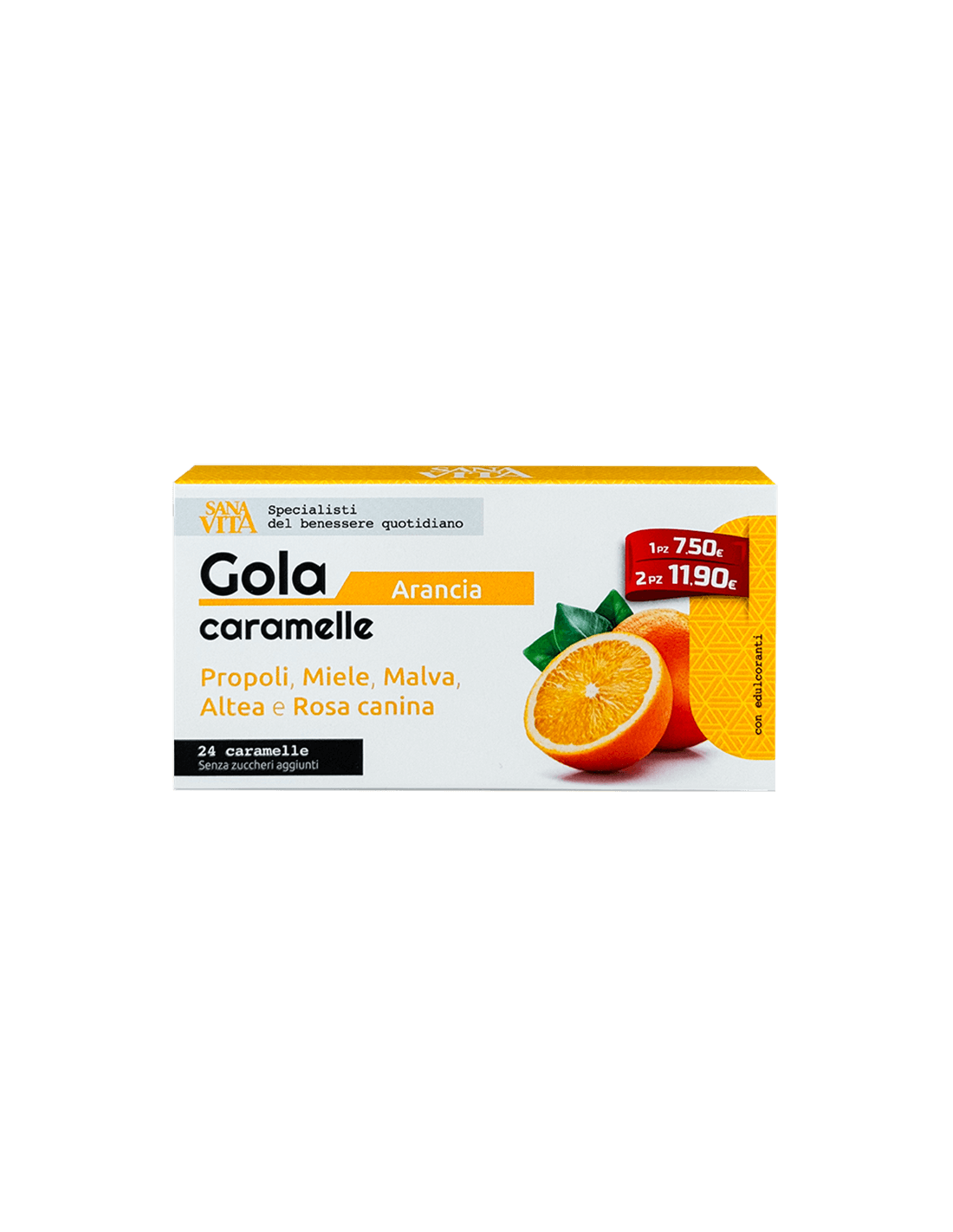 PALADIN PHARMA SANAVITA GOLA caramelle Arancia Билкови бонбони за гърло с прополис, пчелен мед, горски слез, бяла ружа и шипка с вкус на портокал x 24