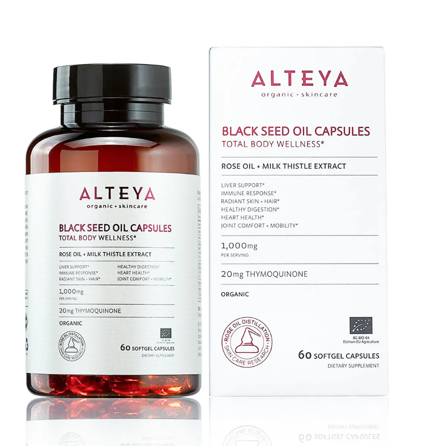 ALTEYA ORGANIC Био Хранителна добавка с масло от Черен Кимион, Бял Трън и Розово Масло за подобряване на имунитета, храносмилането и здравето на черния дроб x 60 softgels