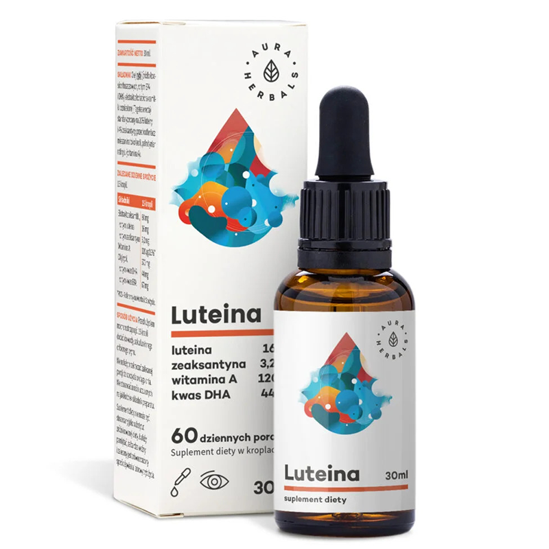 AURA HERBALS LUTEINA + ZEAKSANTYNA + WITAMINA A + KWASY DHA  Лутеин + Зеаксантин + Витамин А и Рибено масло противодейства на фактори като UV-лъчите и синята светлина капки x 30ml