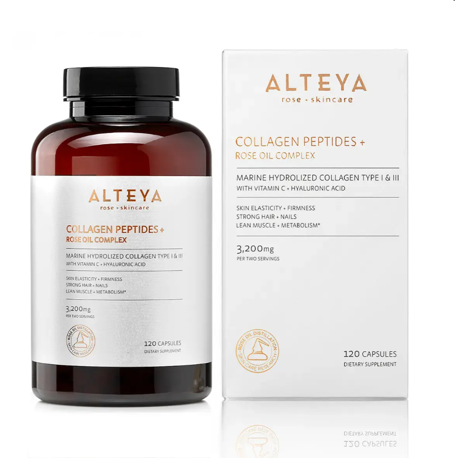 ALTEYA ORGANIC Колаген Пептиди (Колаген Тип I и III) с Розово Масло, витамин C и Хиалуронова киселина за подпомогне здравината на косата, ноктите и ставите x 120 caps