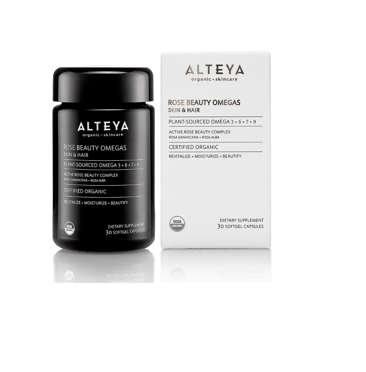 ALTEYA ORGANIC Био Омега 3+6+7+9 мастни киселини от растителен произход + Розово Масло от 2 вида рози за поддържане на здравa и жизненa кожа и коса x 30 softgels