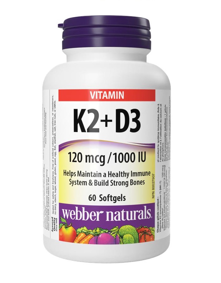 WEBBER NATURALS K2+D3 120µg/1000 IU (25µg) Витамин К2+Д3 за здрави кости и зъби х 60 softgels