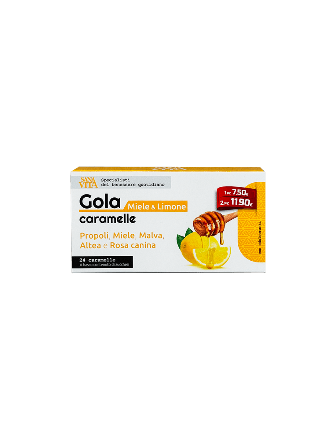 PALADIN PHARMA SANAVITA GOLA caramelle Miele Limone Билкови бонбони за гърло с прополис, пчелен мед, горски слез, бяла ружа и шипка с вкус на мед и лимон x 24