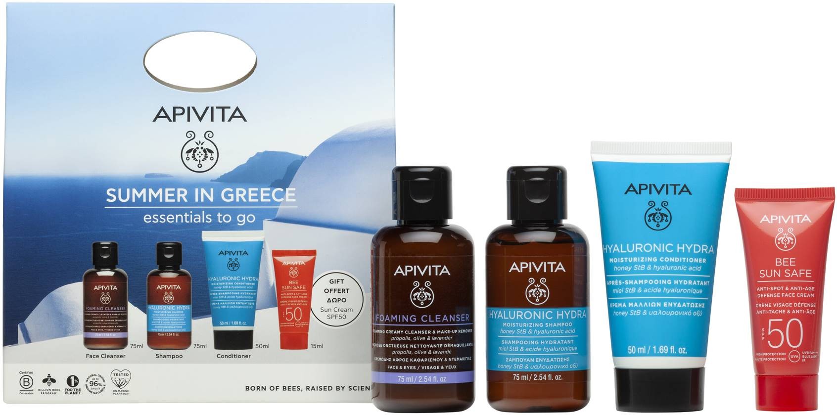 APIVITA PROMO Пяна за лице 75ml + Hyaluronic Hydra шампоан 75ml + Hyaluronic Hydra Балсам за коса 50ml + Bee Sun Safe Крем против стареене SPF50 15ml