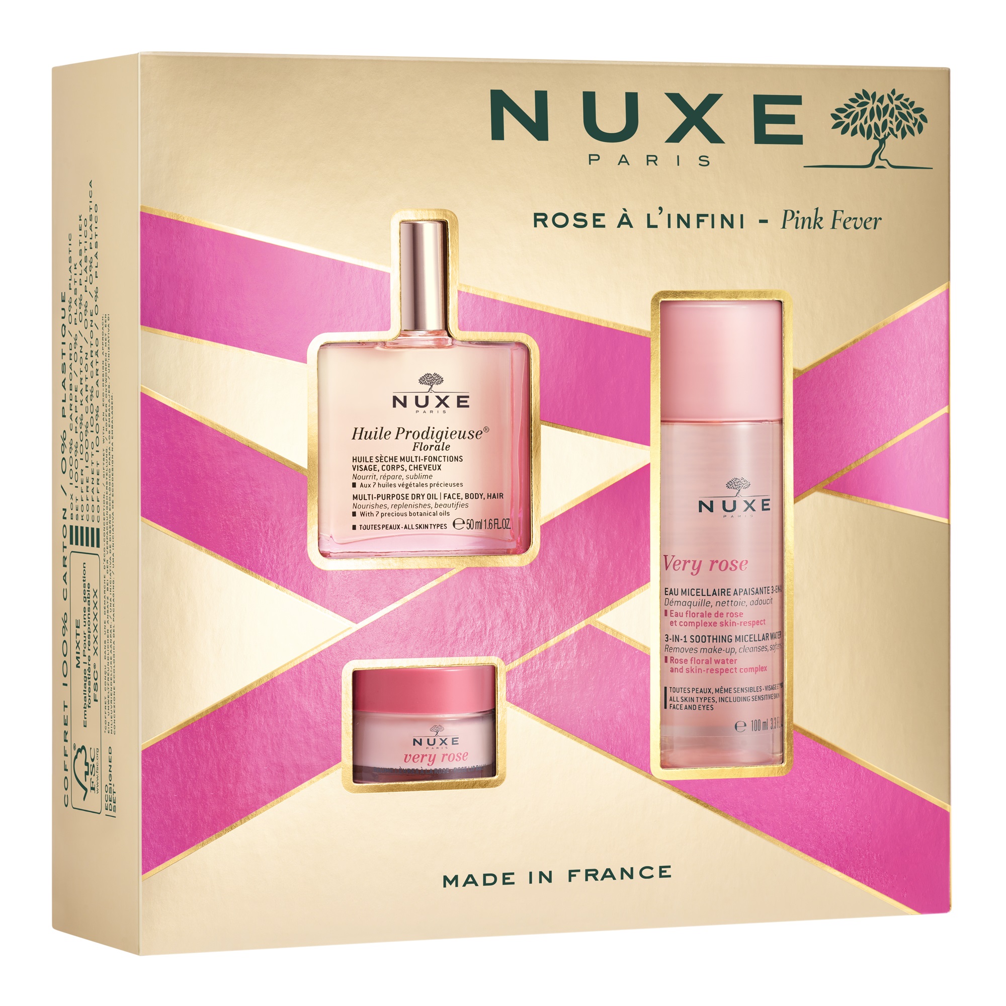 NUXE PROMO HUILE PRODIGIEUSE FLORALE Сухо масло 50ml+VERY ROSE мицеларна вода 100ml+VERY ROSE балсам за устни 15ml