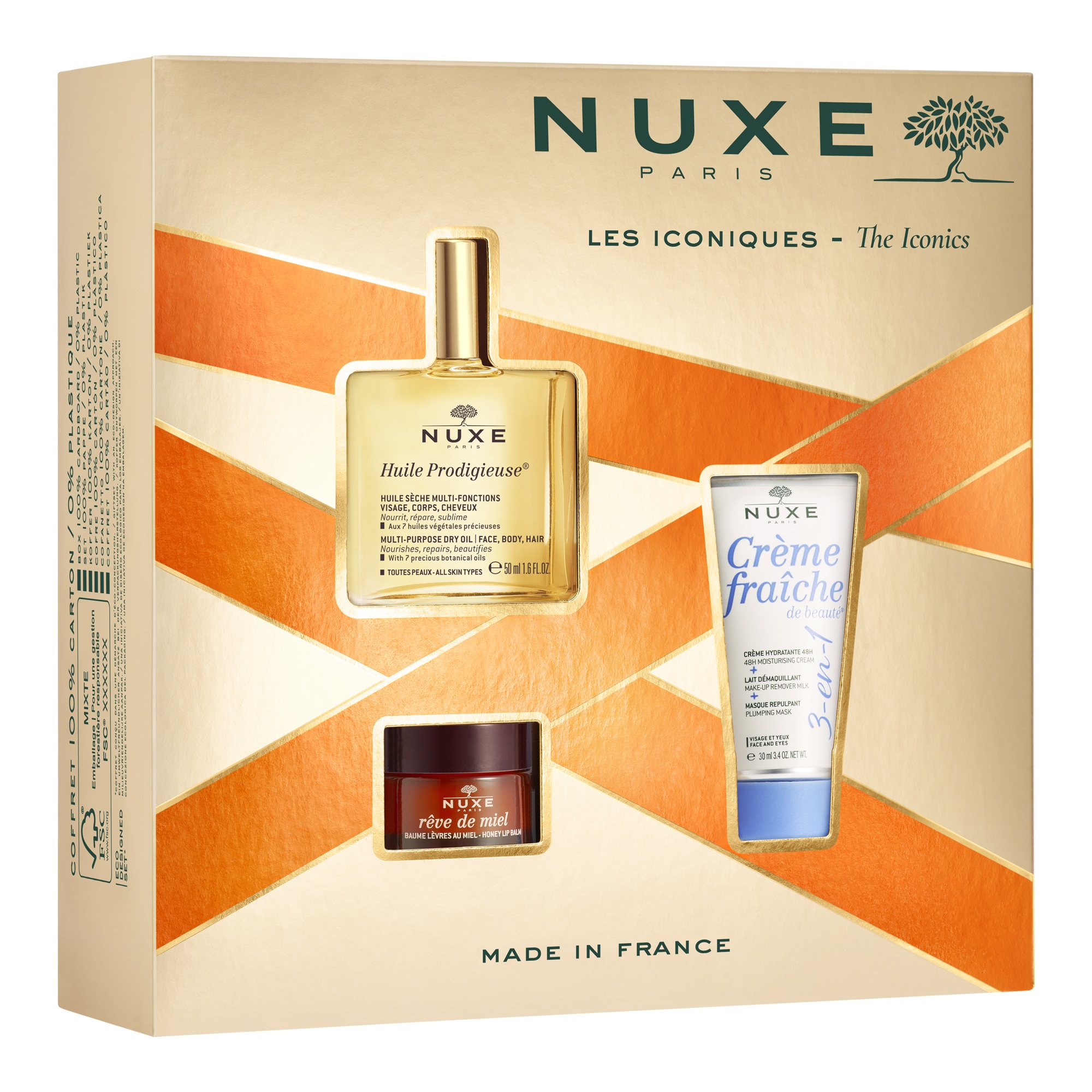 NUXE PROMO HUILE PRODIGIEUSE Сухо масло 50ml+CREME FRAICHE крем 30ml+Reve de Miel възстановяващ балсам за устни 15ml