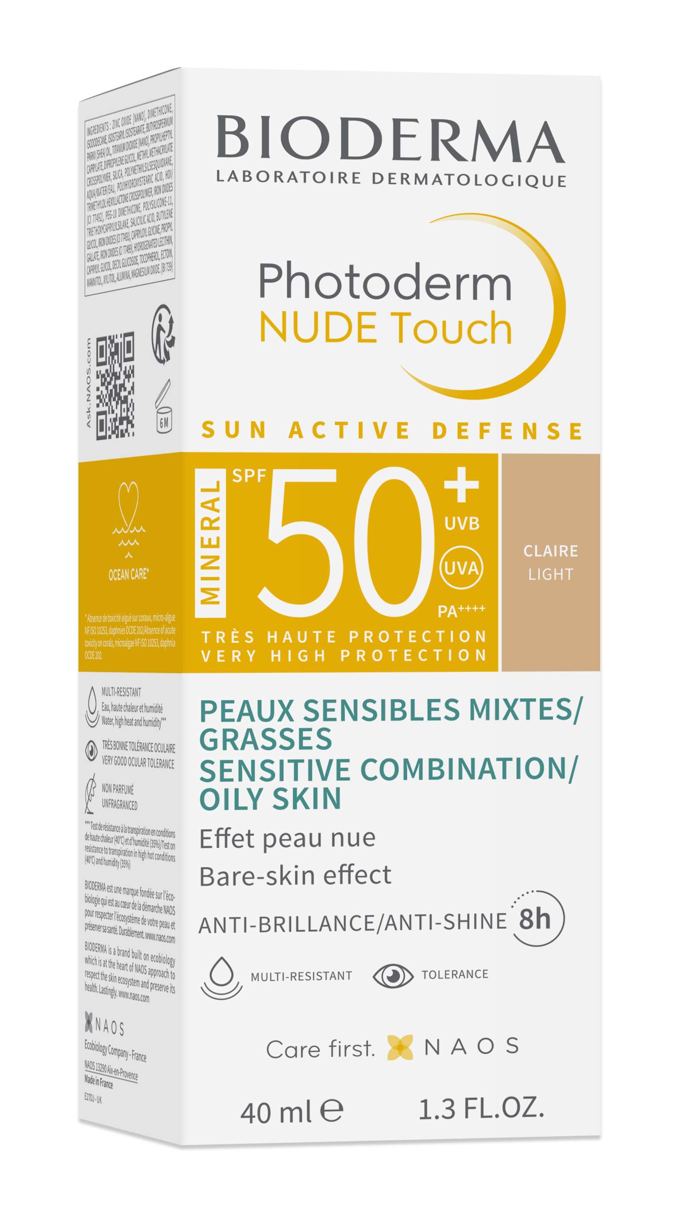 BIODERMA PHOTODERM NUDE TOUCH MINERAL LIGHT SPF50+ Слънцезащитен флуид за комбинирана и мазна кожа светъл цвят 40ml