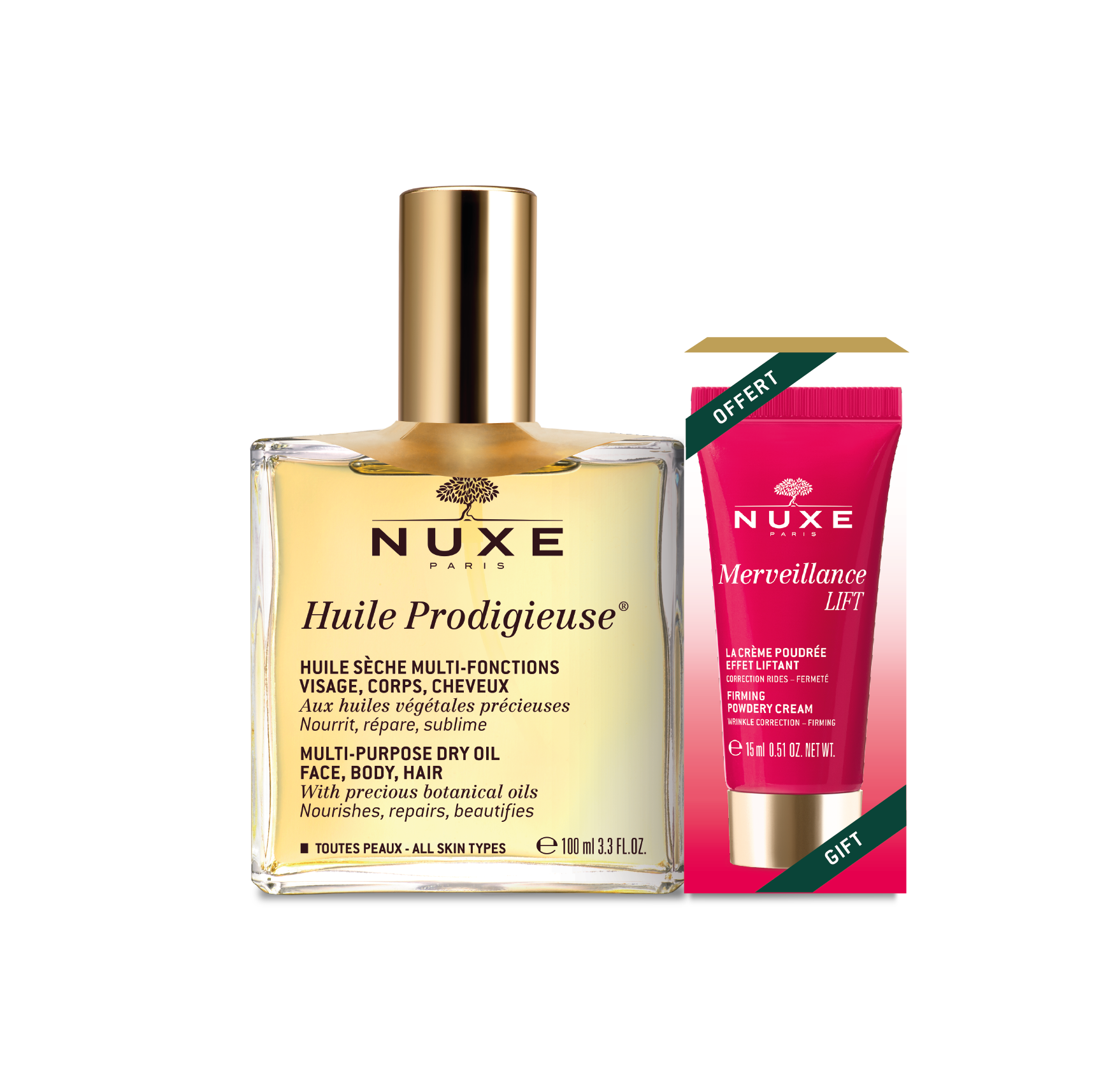 NUXE PROMO HUILE PRODIGIEUSE сухо масло 100ml + MERVEILLANCE LIFT крем 15ml